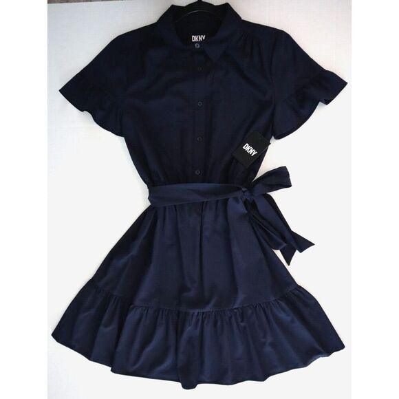 DKNY DD4A4502 Women's Sz 8 Navy Blue Belted Flutter Sleeve Shirtdress - Picture 1 of 8